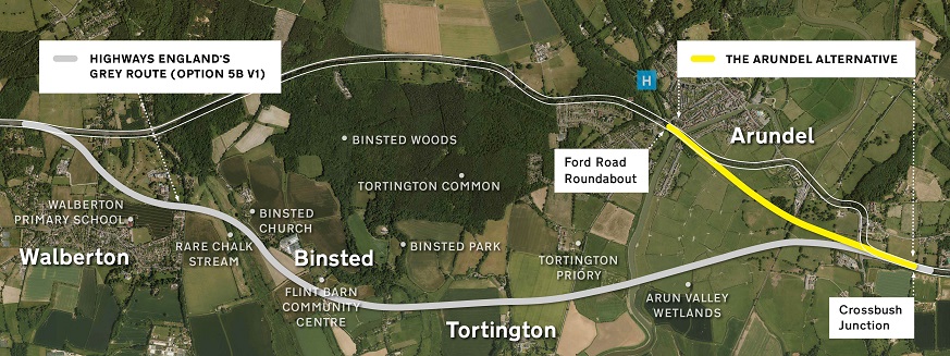 Map of Arundel, highlighting the Grey Route and proposed Arundel Alternative route